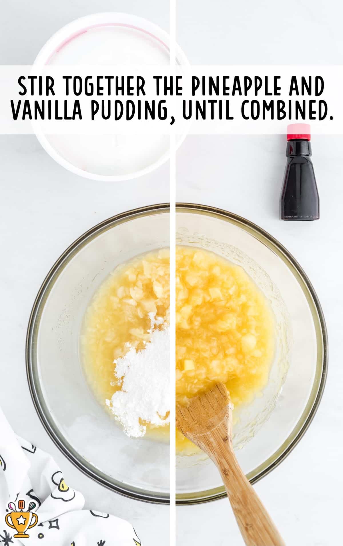 pineapple and vanilla pudding added in a bowl