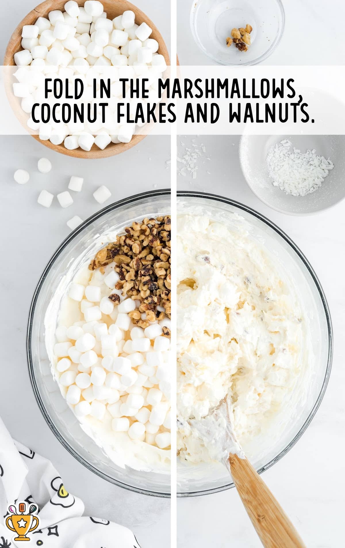 marshmallows, coconut flakes and walnuts added in a bowl