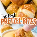 a hand dipping a Pretzel Bite with Cheese in a bowl