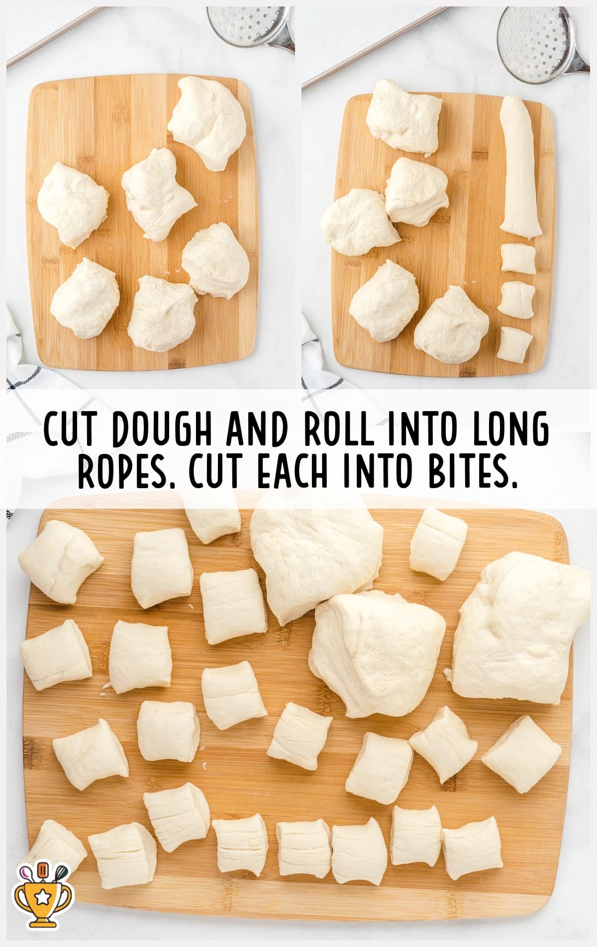 dough cut and rolled into long ropes on a wooden board