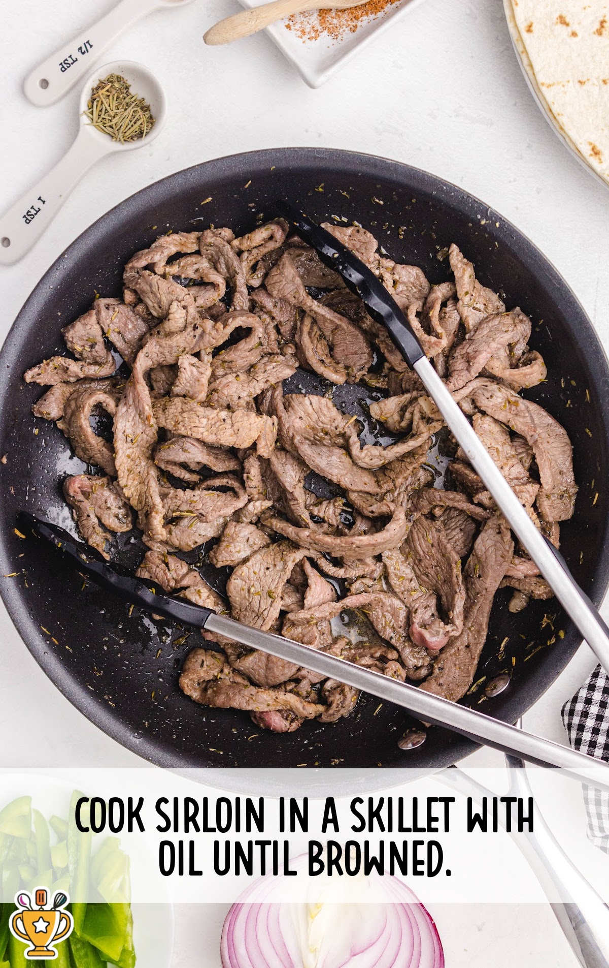 sirloin in a skillet, cooked until brown