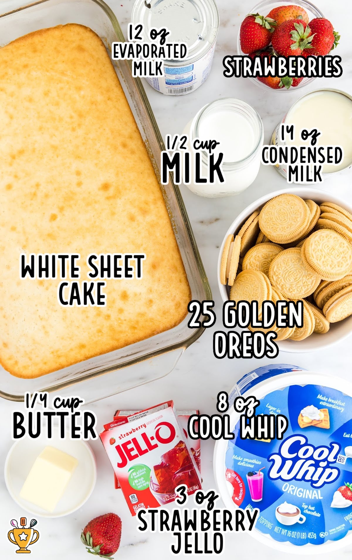 ingredients for making Strawberry Crunch Poke Cake