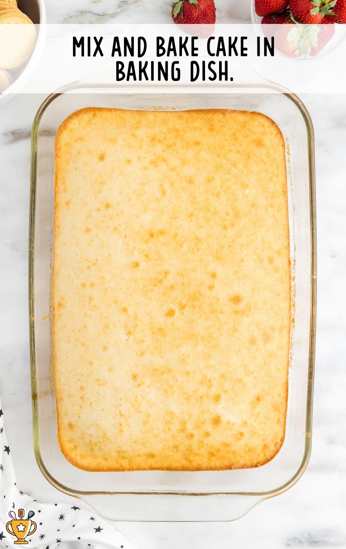 baked Strawberry Crunch Poke Cake in a baking dish