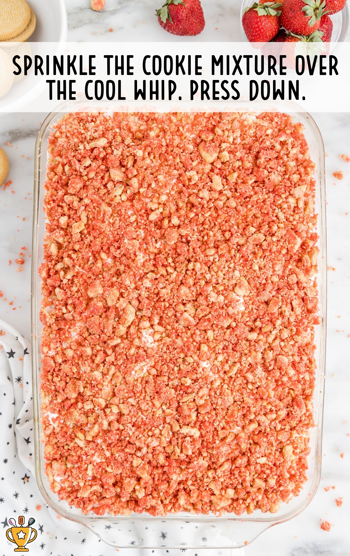 cookie mixture over the cool whip in a baking dish