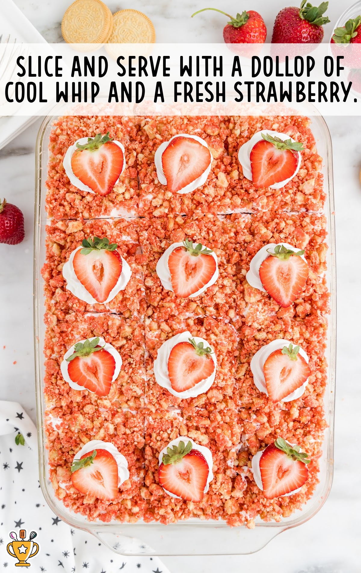 Strawberry Crunch Poke Cake in a baking dish