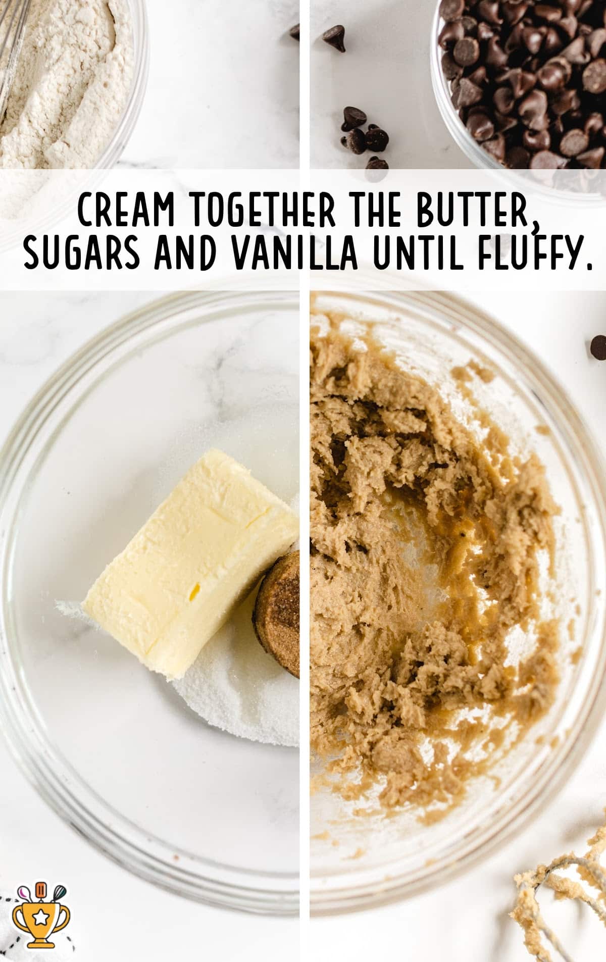 butter, sugars and vanilla mixed together in a bowl