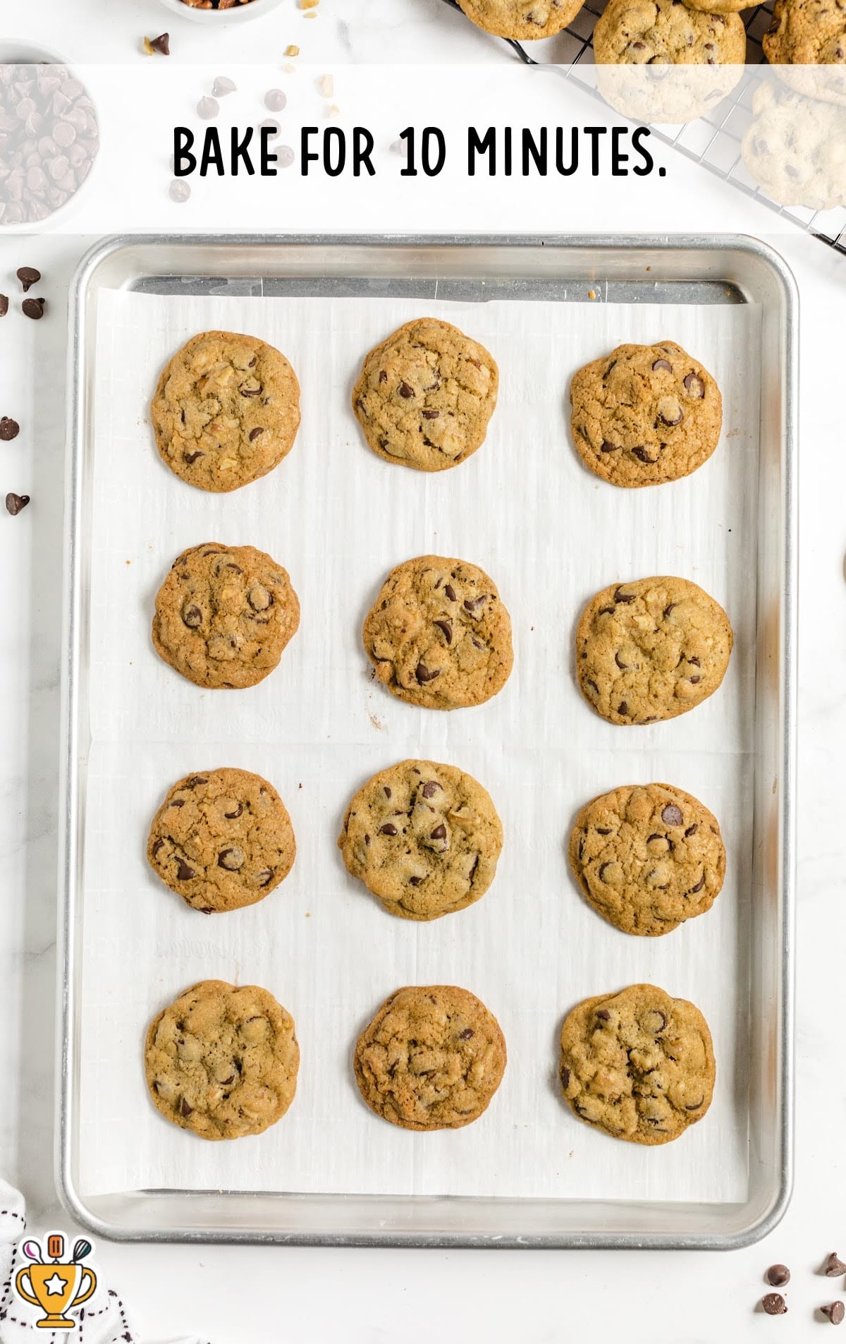baked Tollhouse Chocolate Chip Cookies on a baking pan