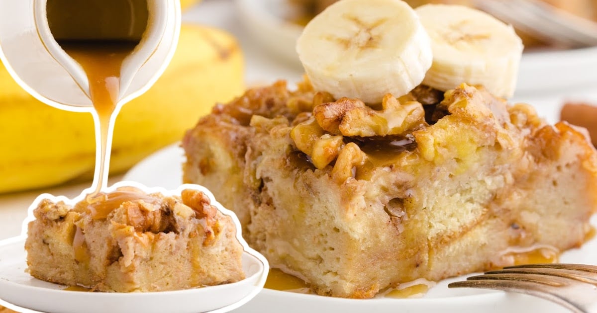 a piece of Banana Bread Pudding on a plate