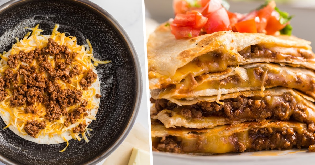 Cheesy Beef Quesadillas on a skillet and on a plate