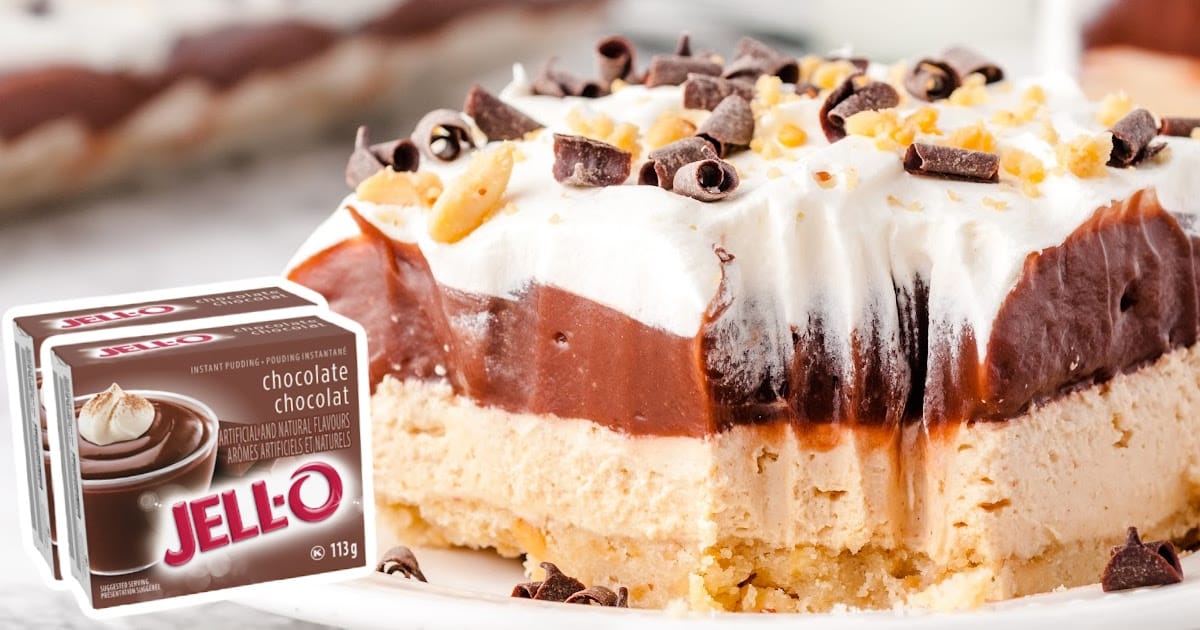 a piece of Chocolate Peanut Butter Lasagna on a plate