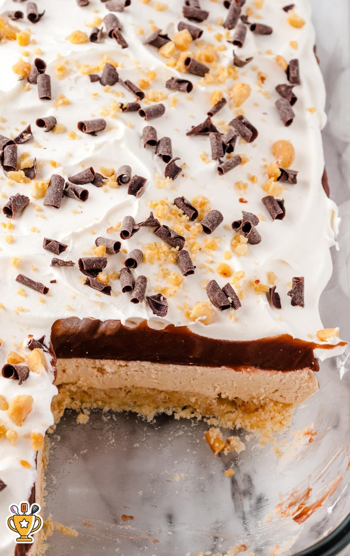 Chocolate Peanut Butter Lasagna in a baking dish