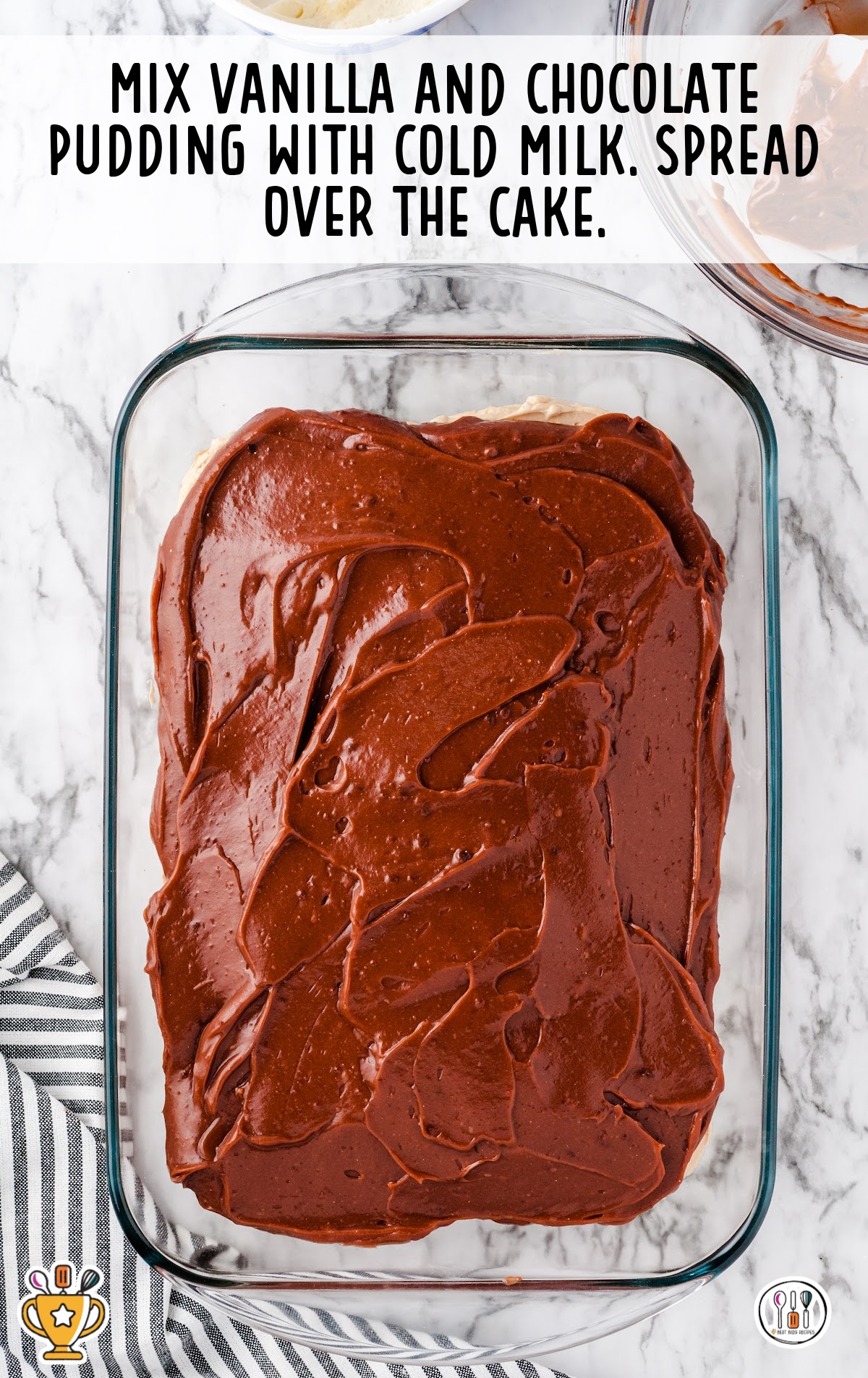 vanilla and chocolate pudding mixed with milk in Baking dish