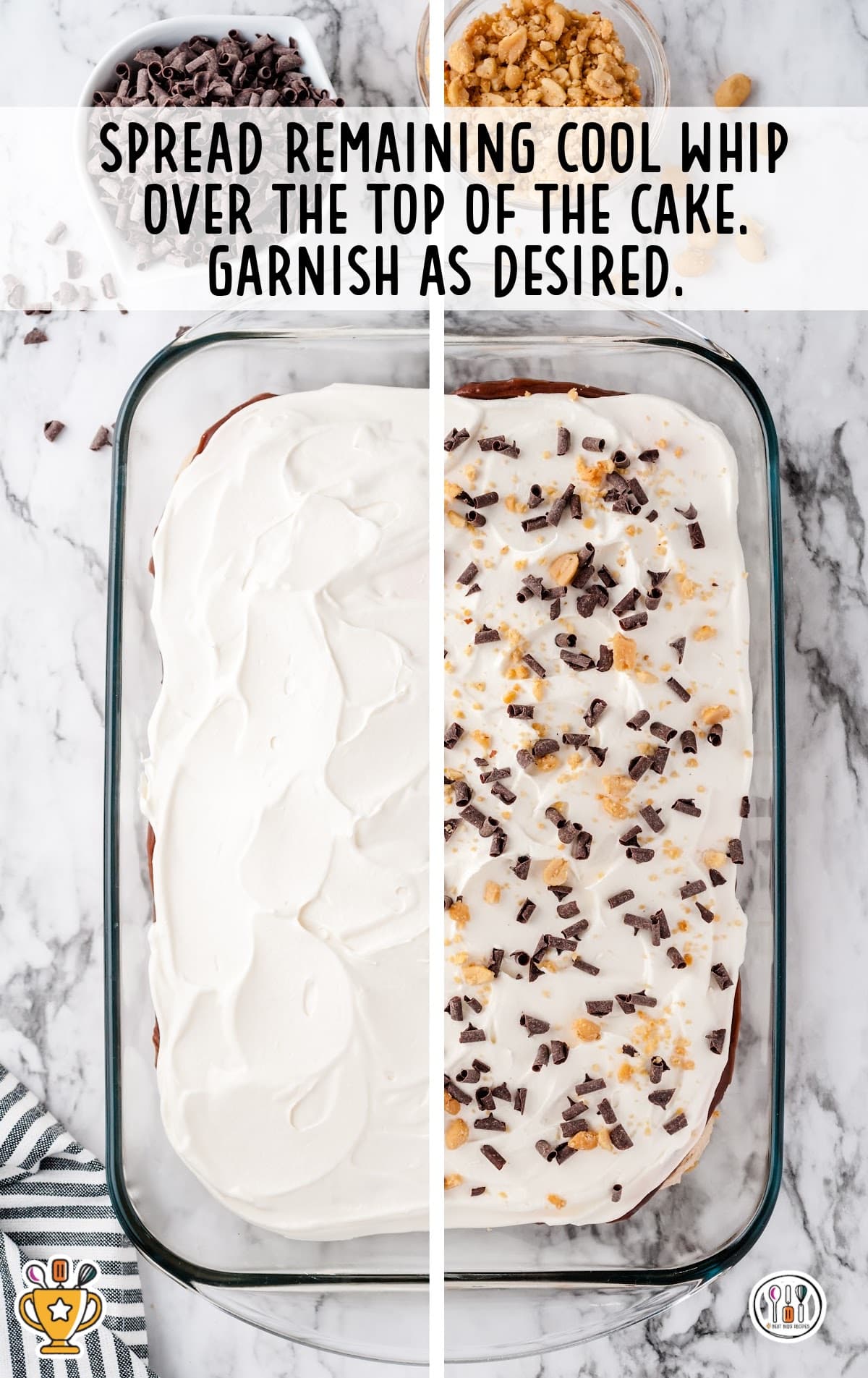 cool whip spread over the top of the cake in a baking dish