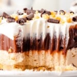 a piece of Chocolate Peanut Butter Lasagna on a plate
