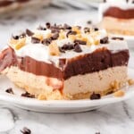 a piece of Chocolate Peanut Butter Lasagna on a plate