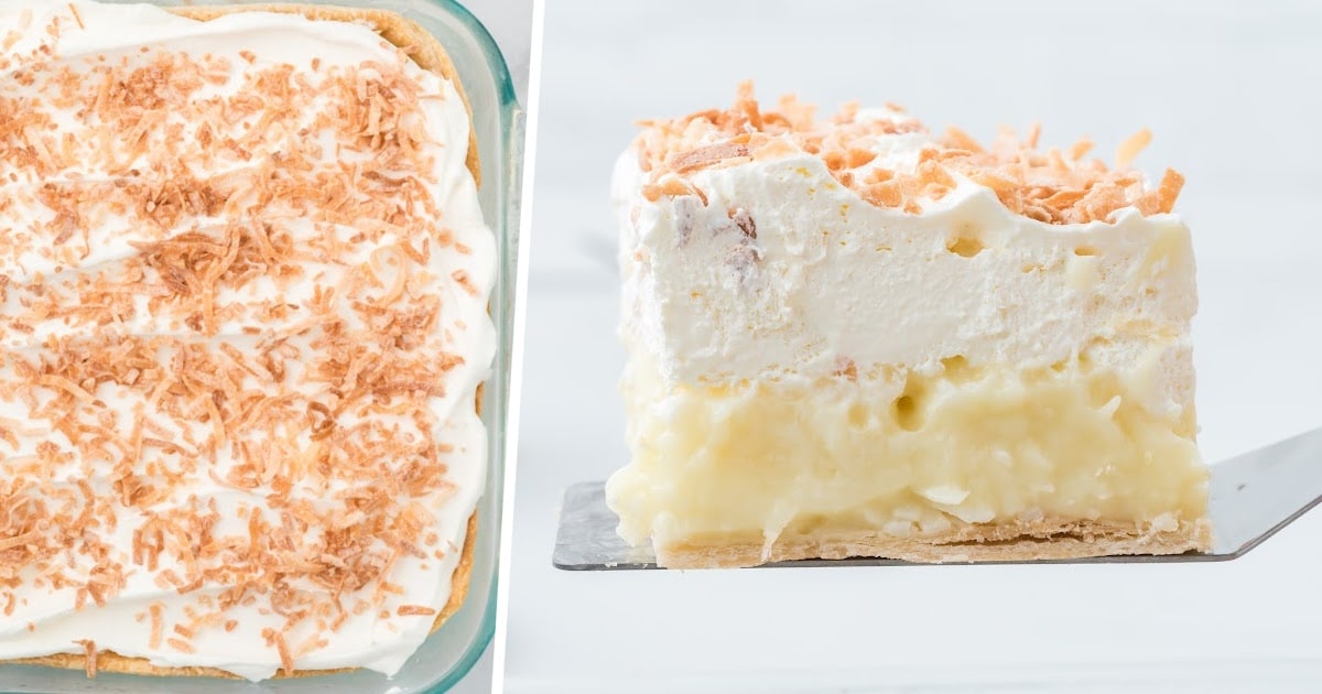 No Bake Coconut Cream Bars in a dish and a piece on the side held by a spatula