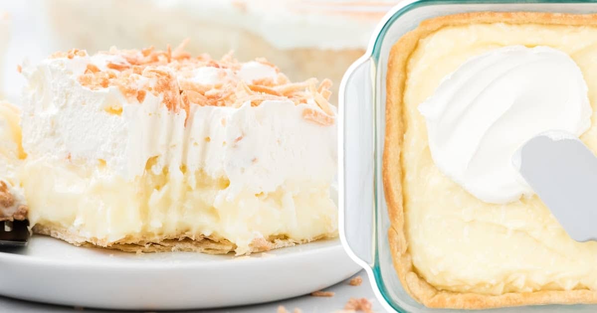 a piece of No Bake Coconut Cream Bars on a plate