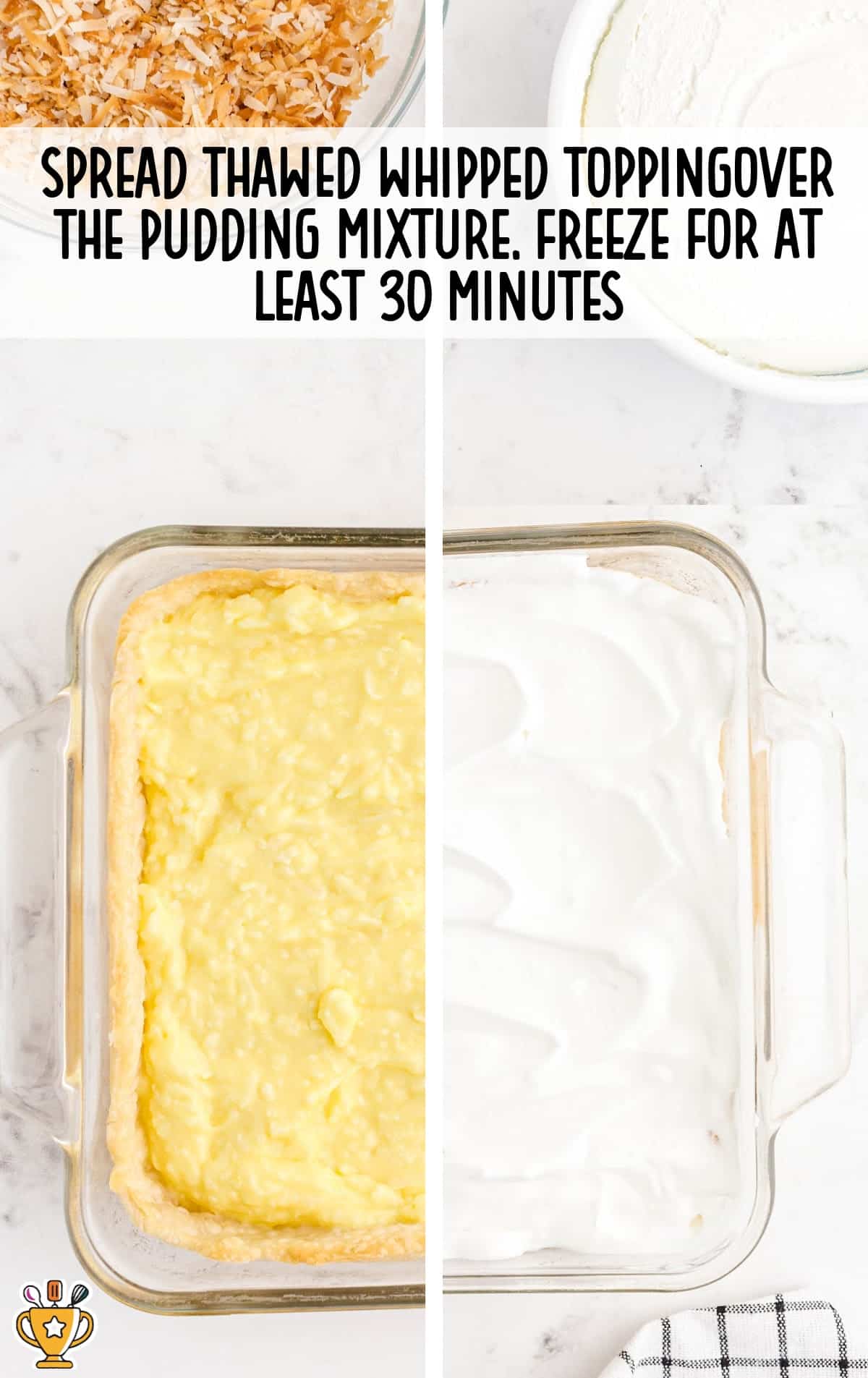 thawed whipped topping spread over the pudding mixture