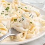a fork holding some Olive Garden Alfredo Sauce and some on a plate