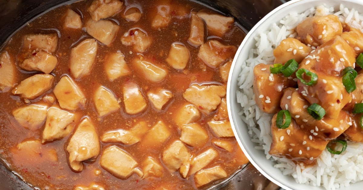 Crockpot Orange Chicken in a crockpot and some in a bowl served with rice