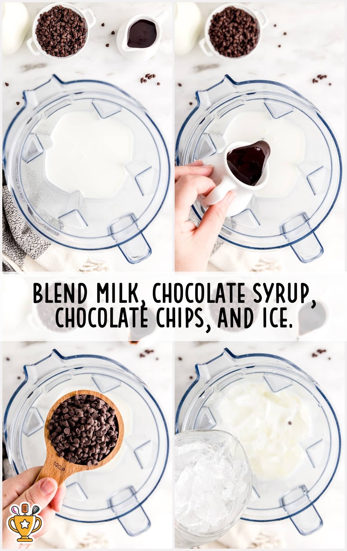 blending milk, chocolate syrup, chocolate chips and ice together