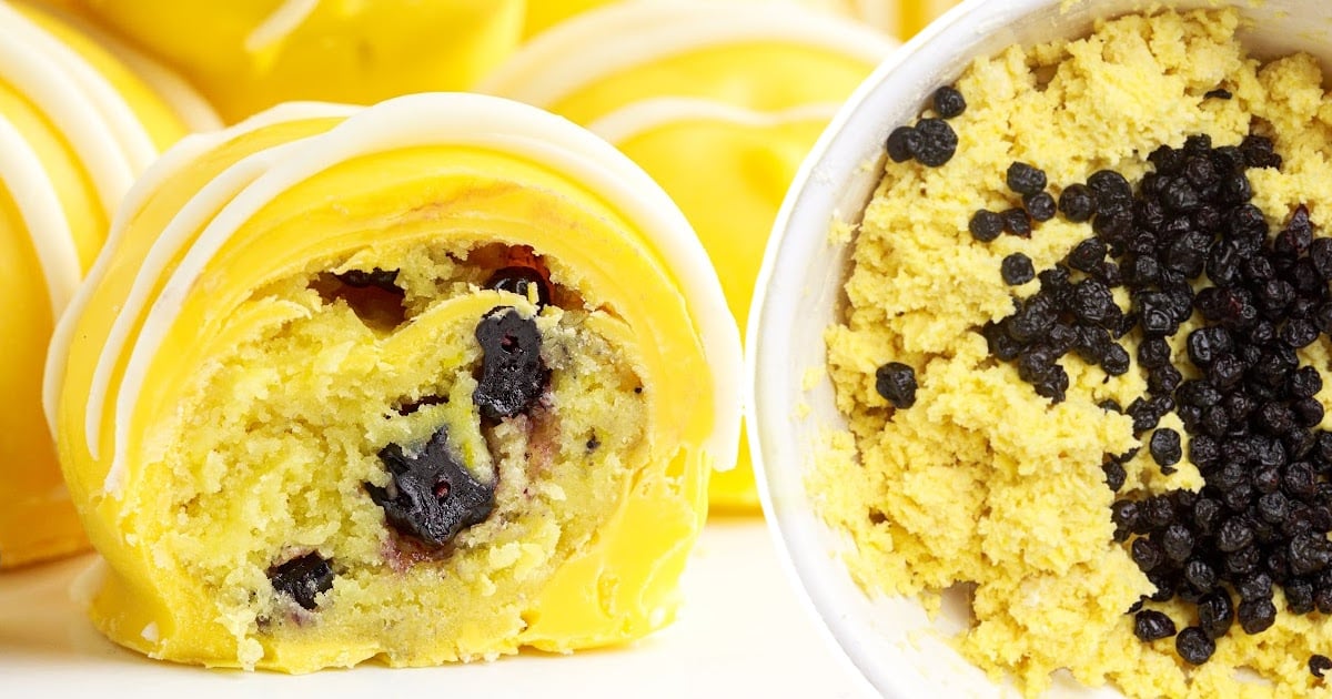 a Lemon Blueberry Cheesecake Bite cut into half