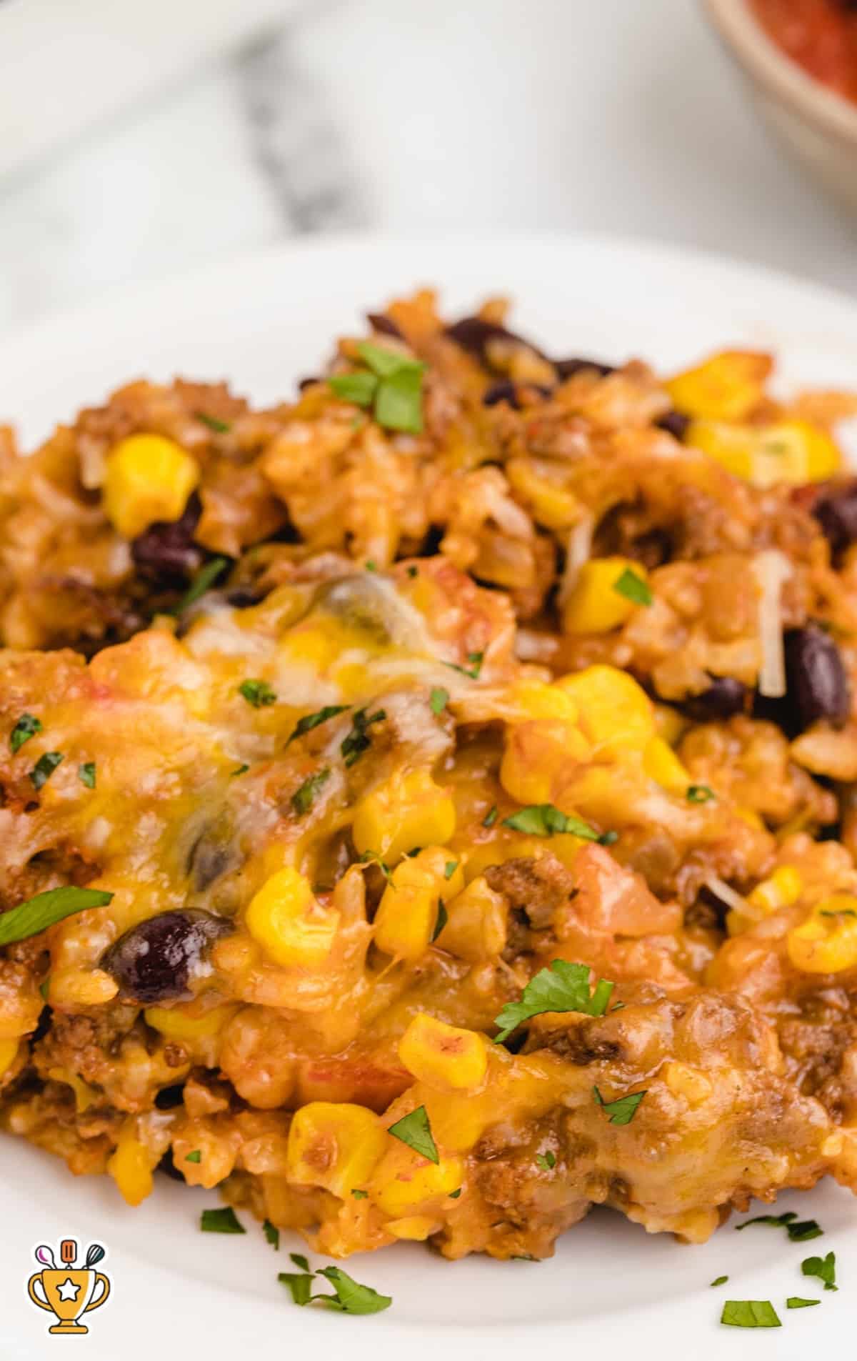 Mexican Beef and Rice Casserole on a white plate