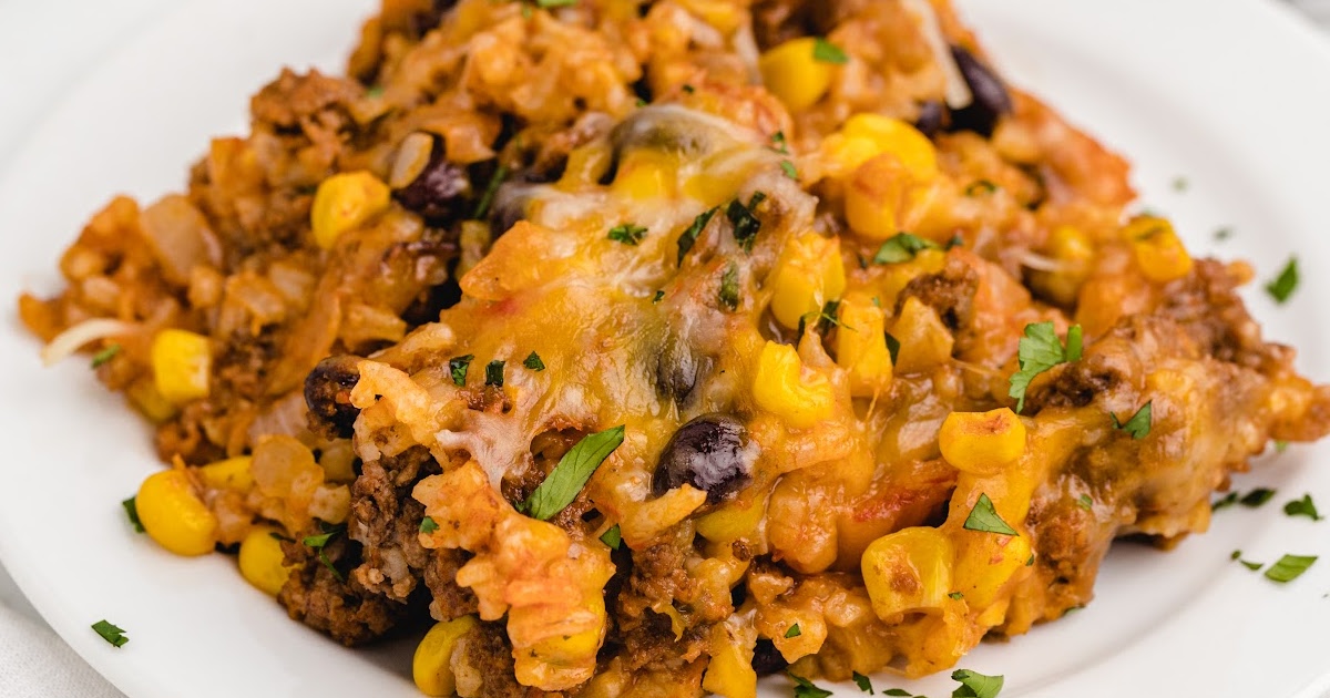 Mexican Beef and Rice Casserole on a white plate