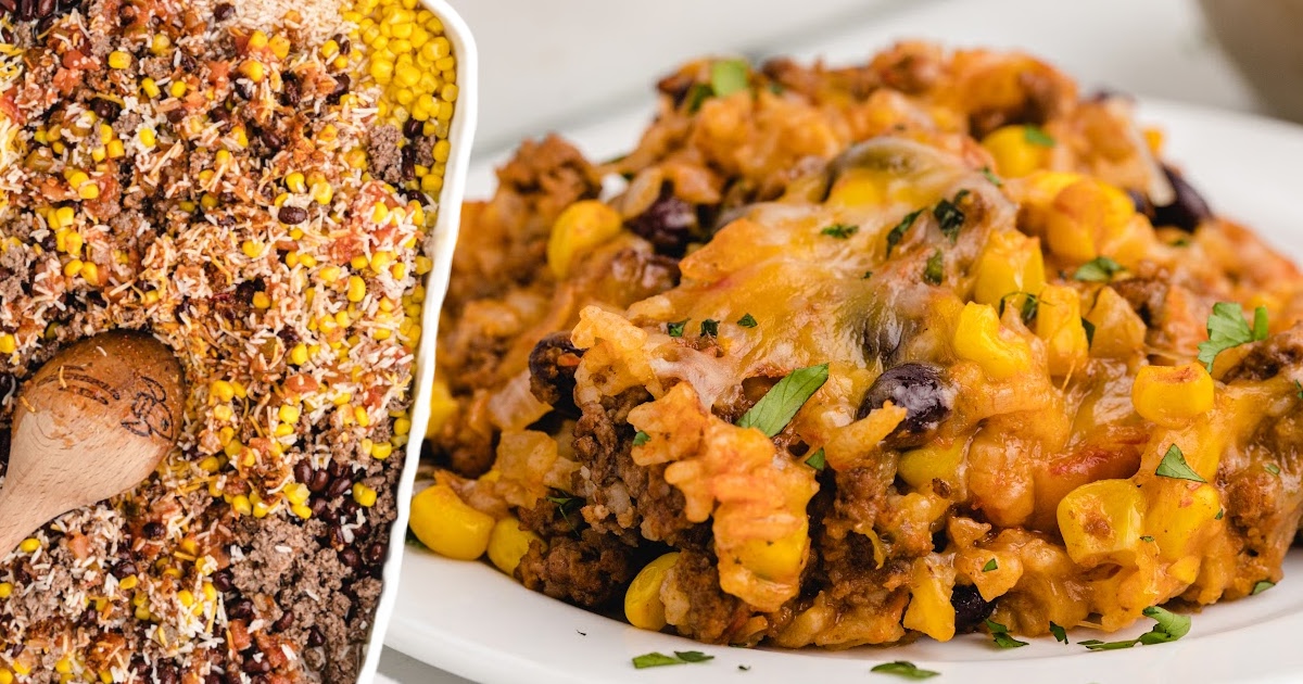 Mexican Beef and Rice Casserole on a white plate