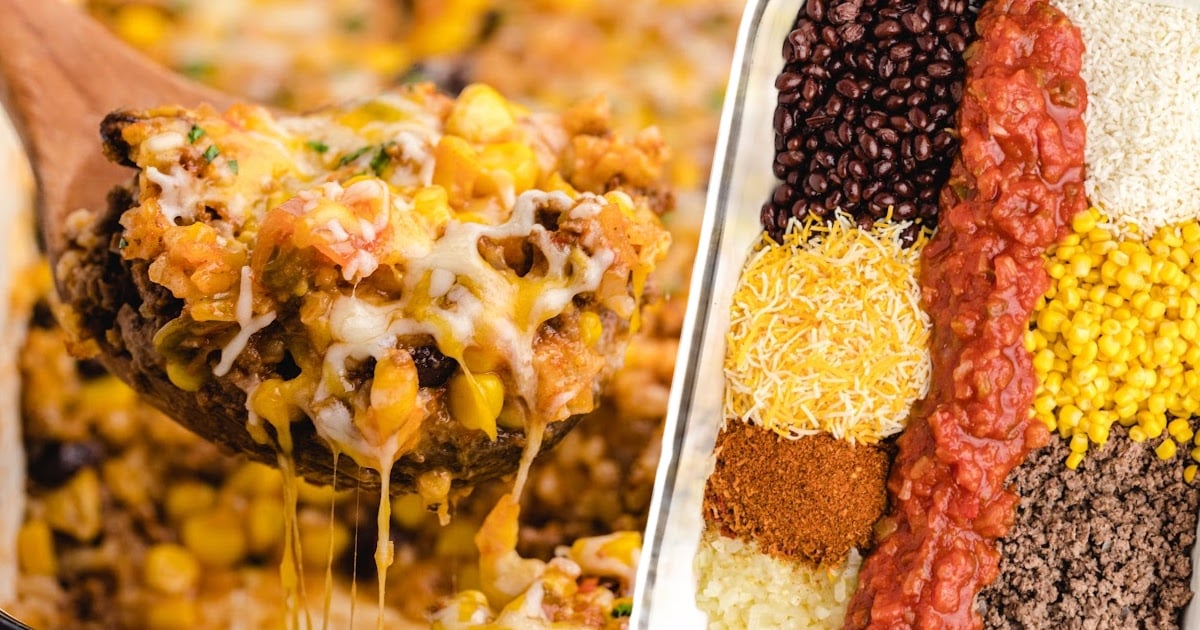 a wooden spoon holding some Mexican Beef and Rice Casserole