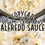 a fork holding some Olive Garden Alfredo Sauce