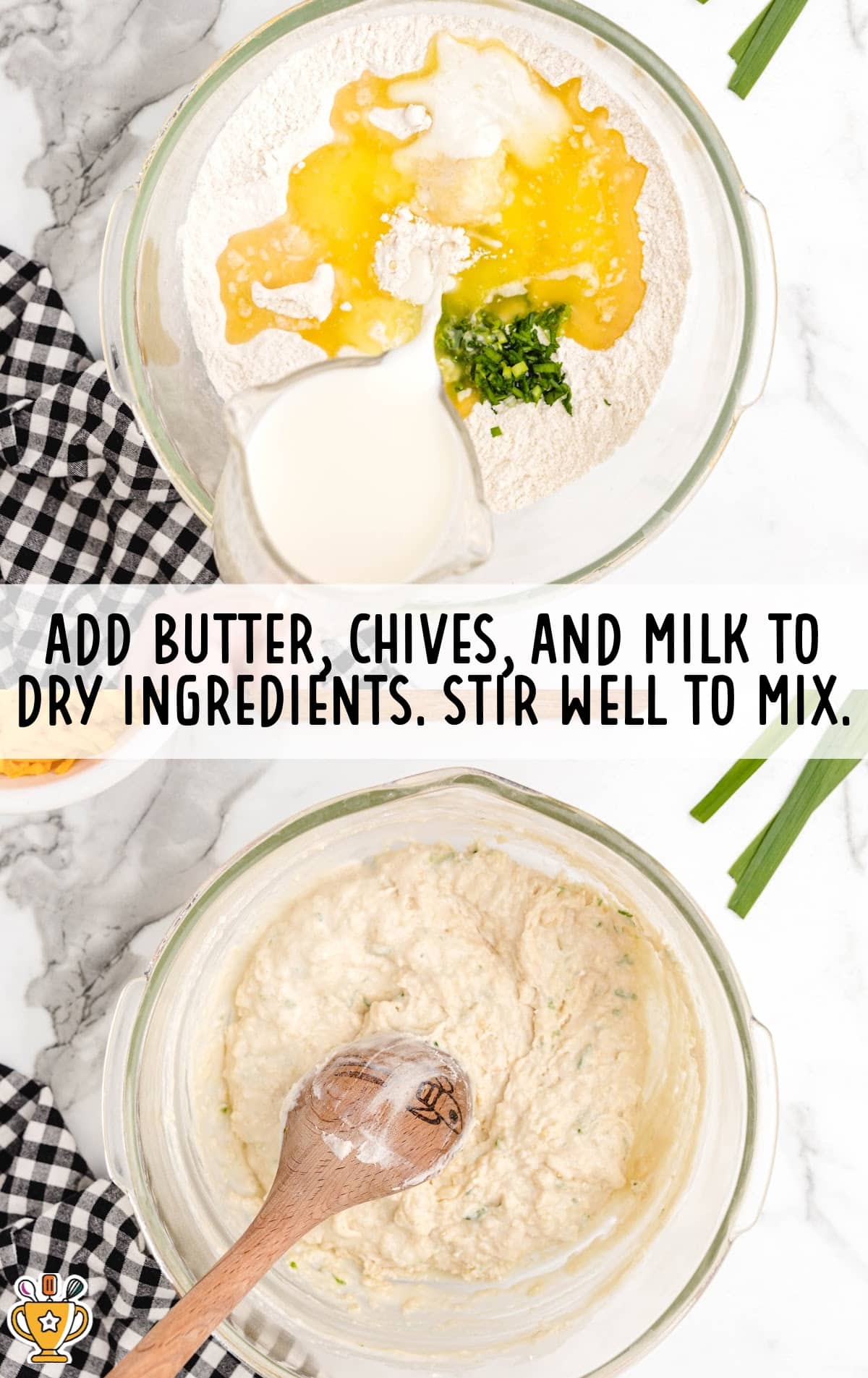 butter, chives and milk added to the dry ingredients and stirred to mix well