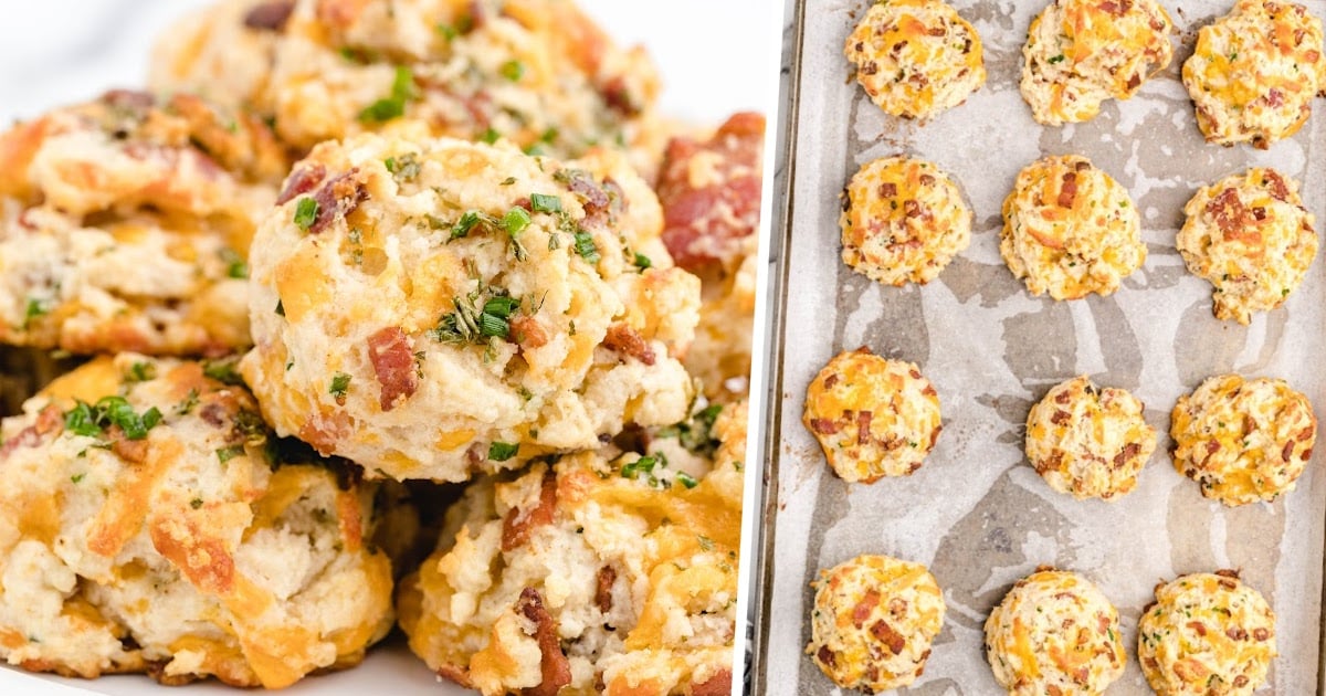 Bacon Cheddar Biscuits on a baking tin and a bunch of Bacon Cheddar Biscuits on the side