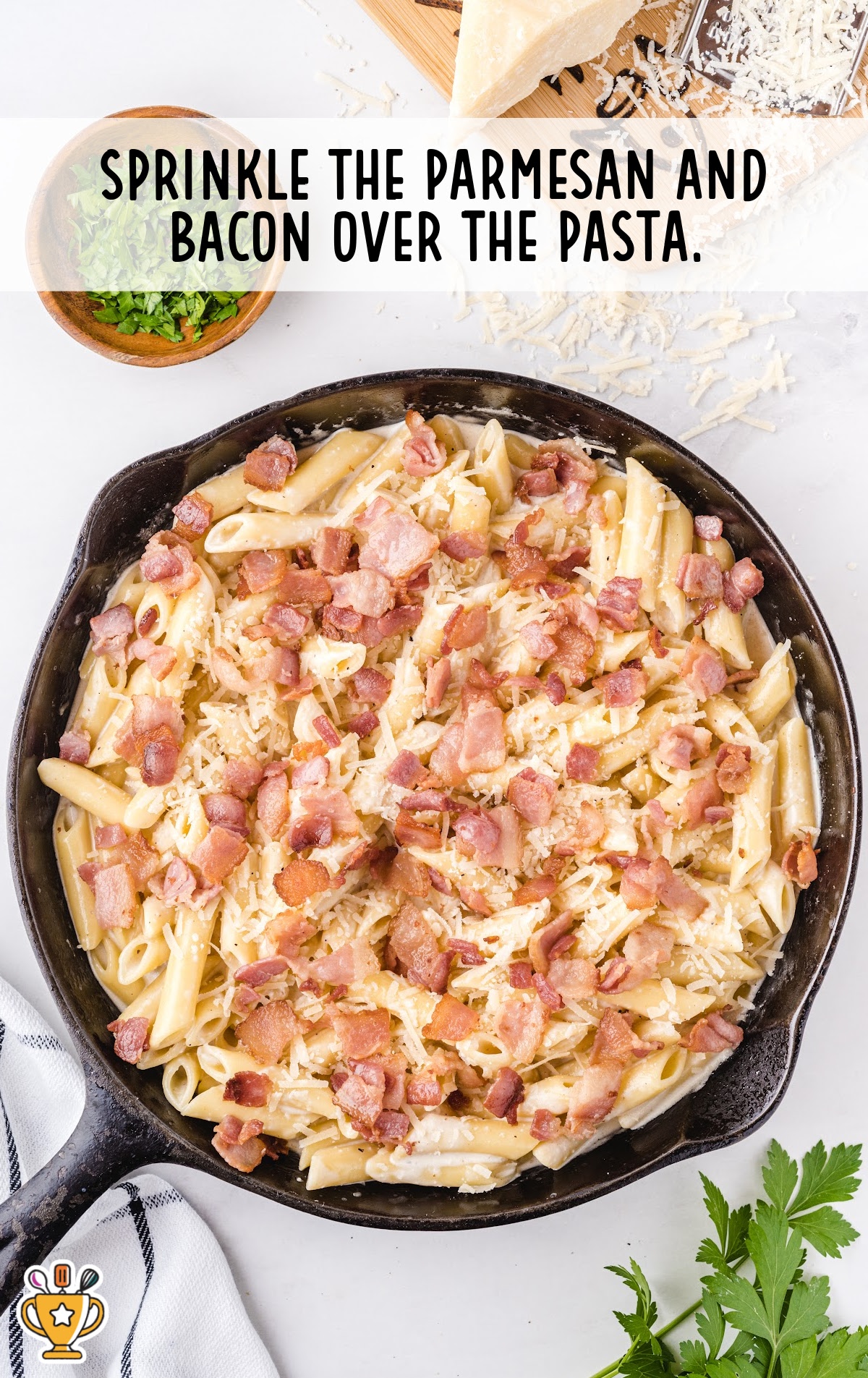 parmesan and bacon over the pasta