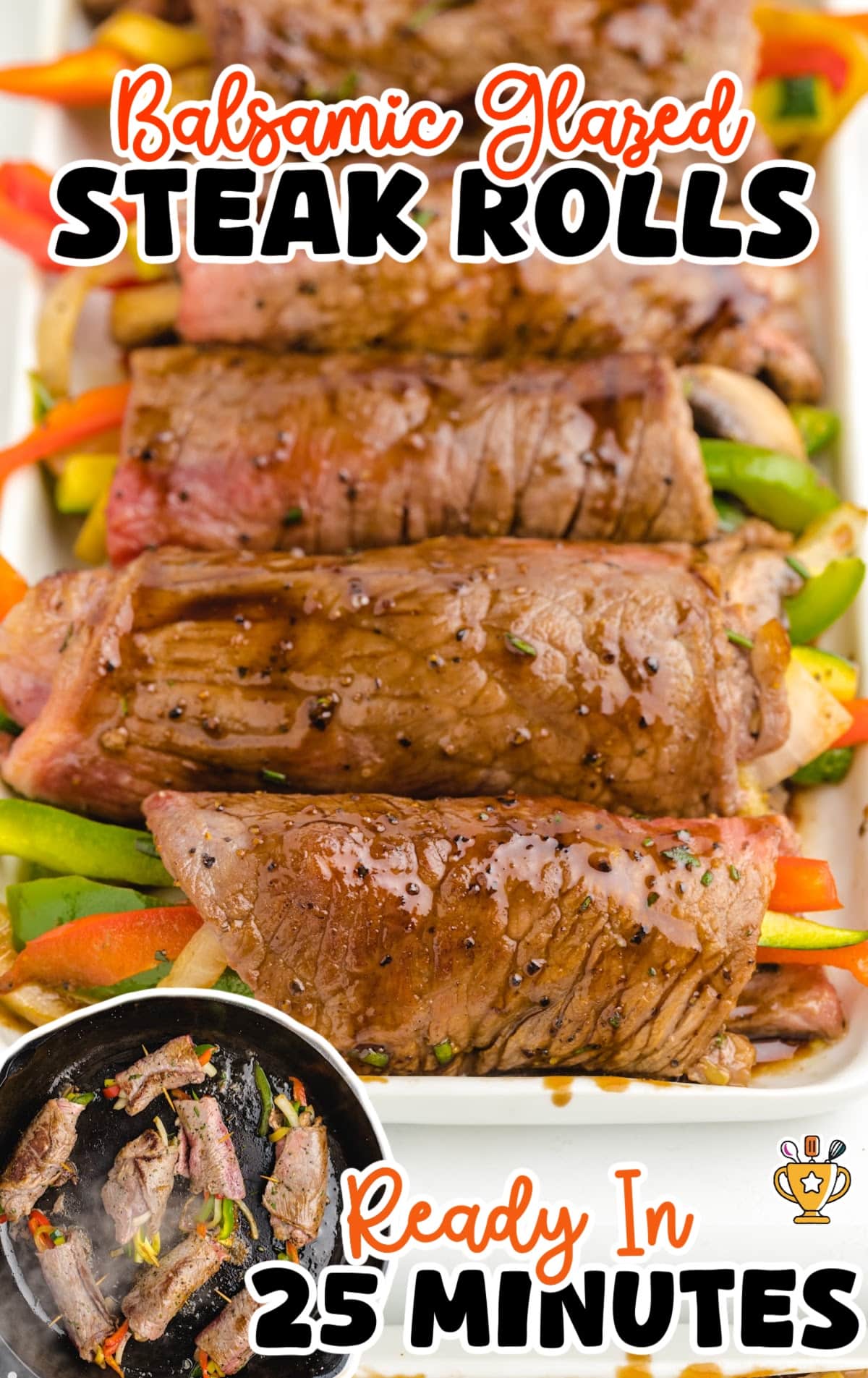 Balsamic Glazed Steak Rolls on a white plate