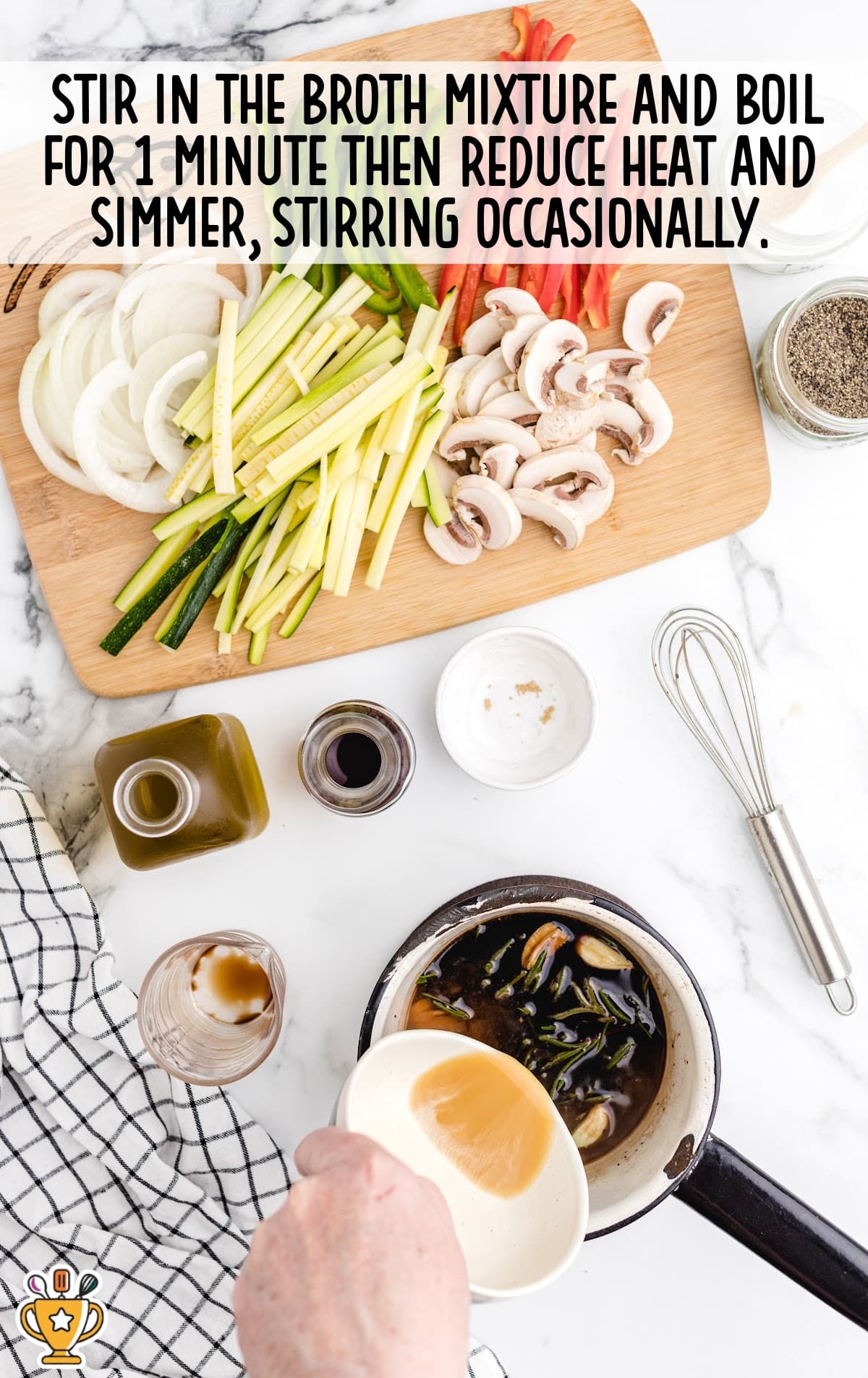 pouring broth mixture in a pan