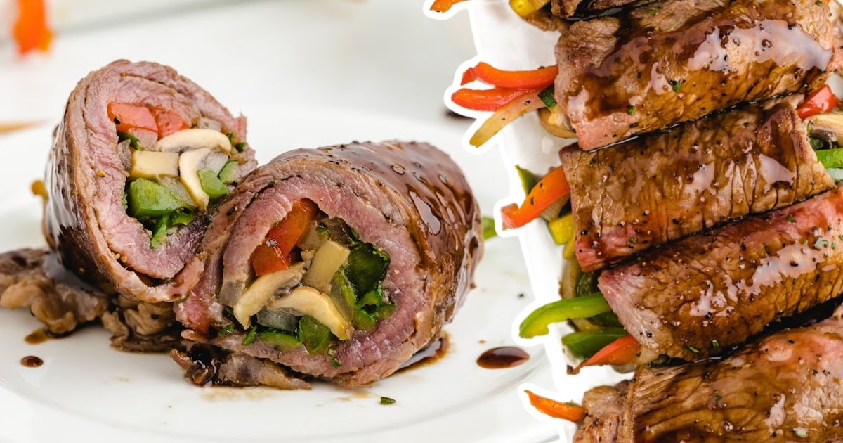 two Balsamic Glazed Steak Rolls on a white plate
