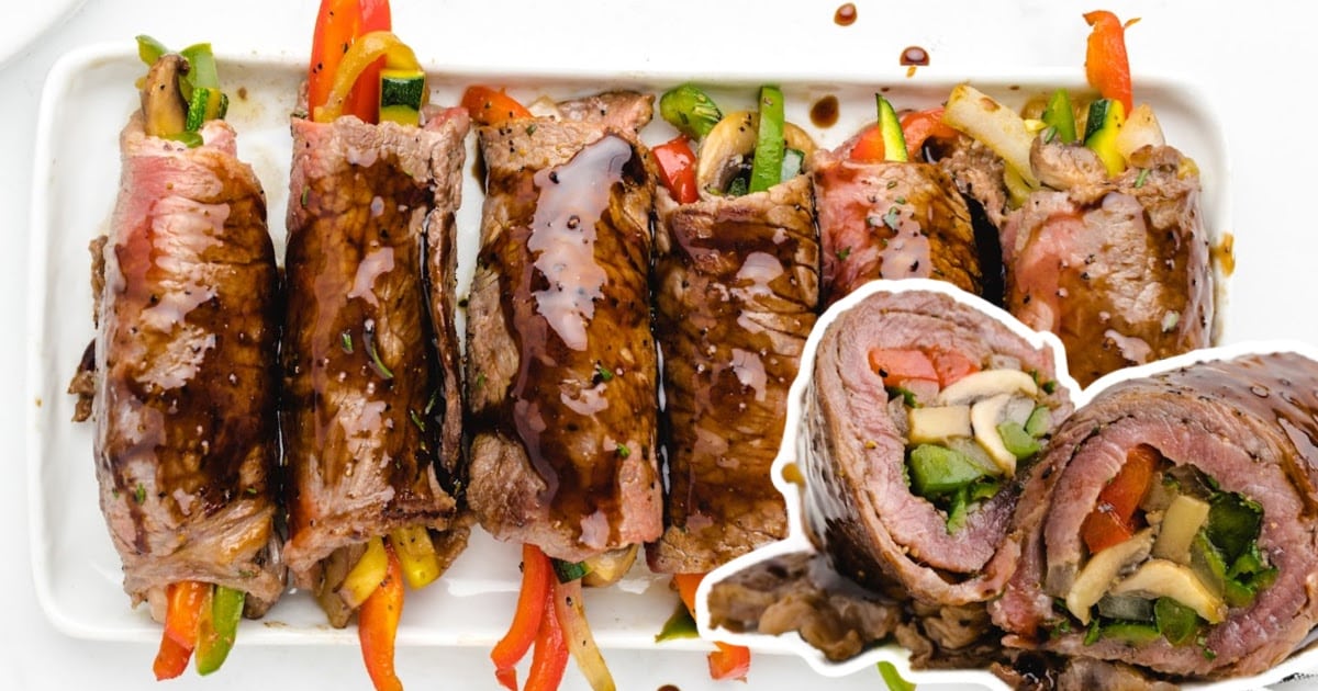 Balsamic Glazed Steak Rolls on a white plate