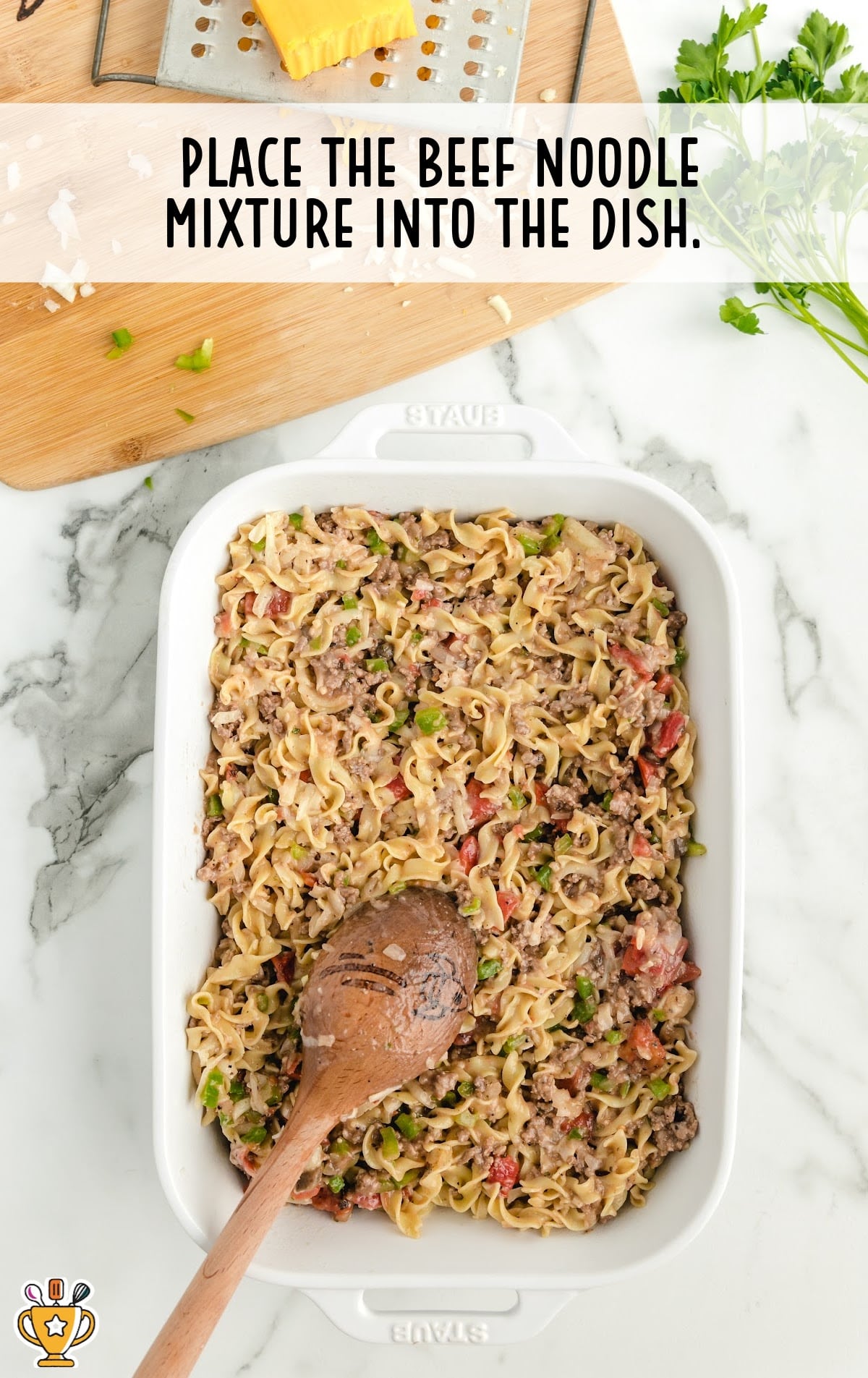 beef noodle mixture into the dish