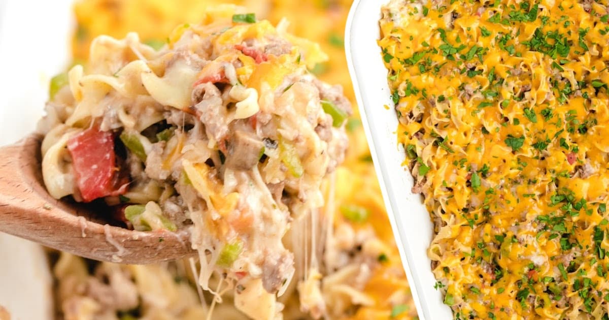 a wooden spoon holding Beef Noodle Casserole