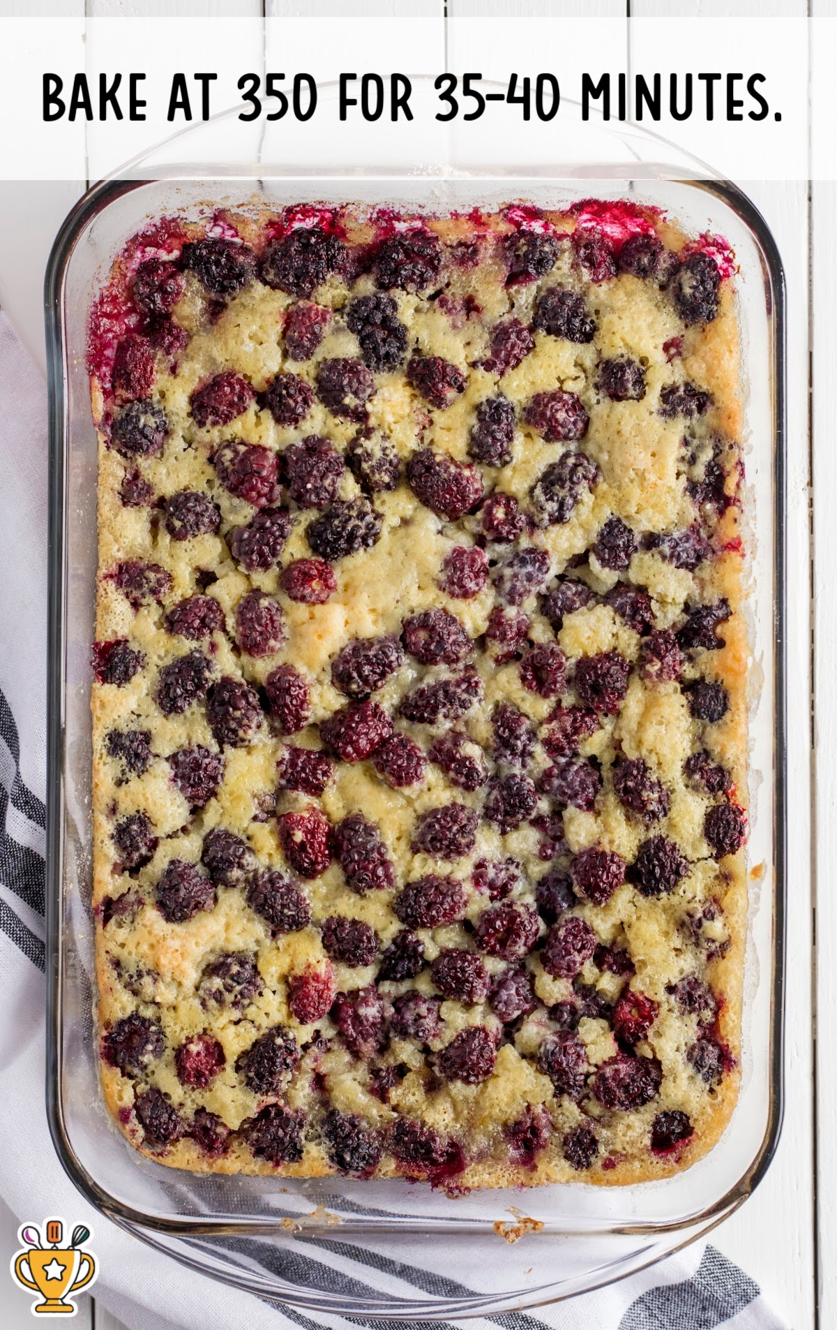 Fully baked blackberry cobbler with golden cake and bubbling blackberry filling