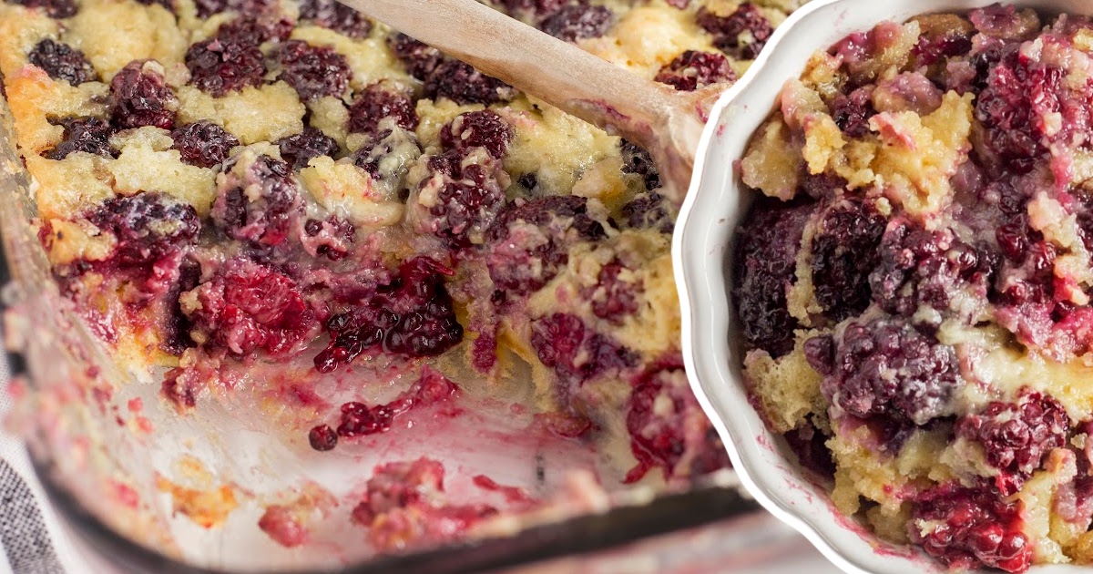 Top view of cobbler in a bowl and pan, filled with juicy blackberries and golden cake topping.