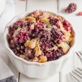 Recipe card for blackberry cobbler listing ingredients and step images of baking process