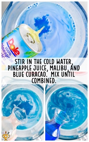 Blue Hawaiian Jello Shot ingredients are mixed together in a bowl.