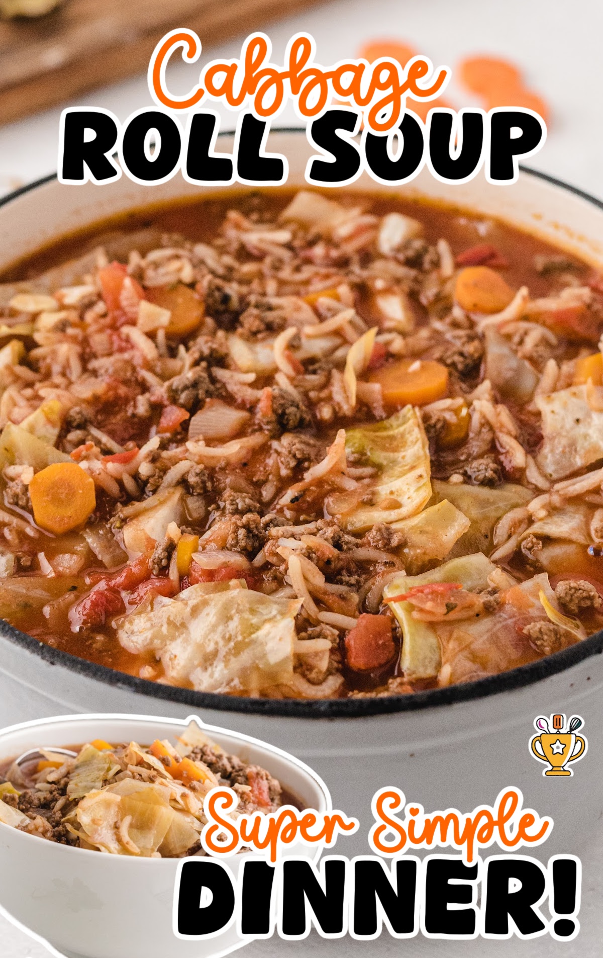 a pan full of Cabbage Roll Soup and a small white bowl with some Cabbage Roll Soup on the side