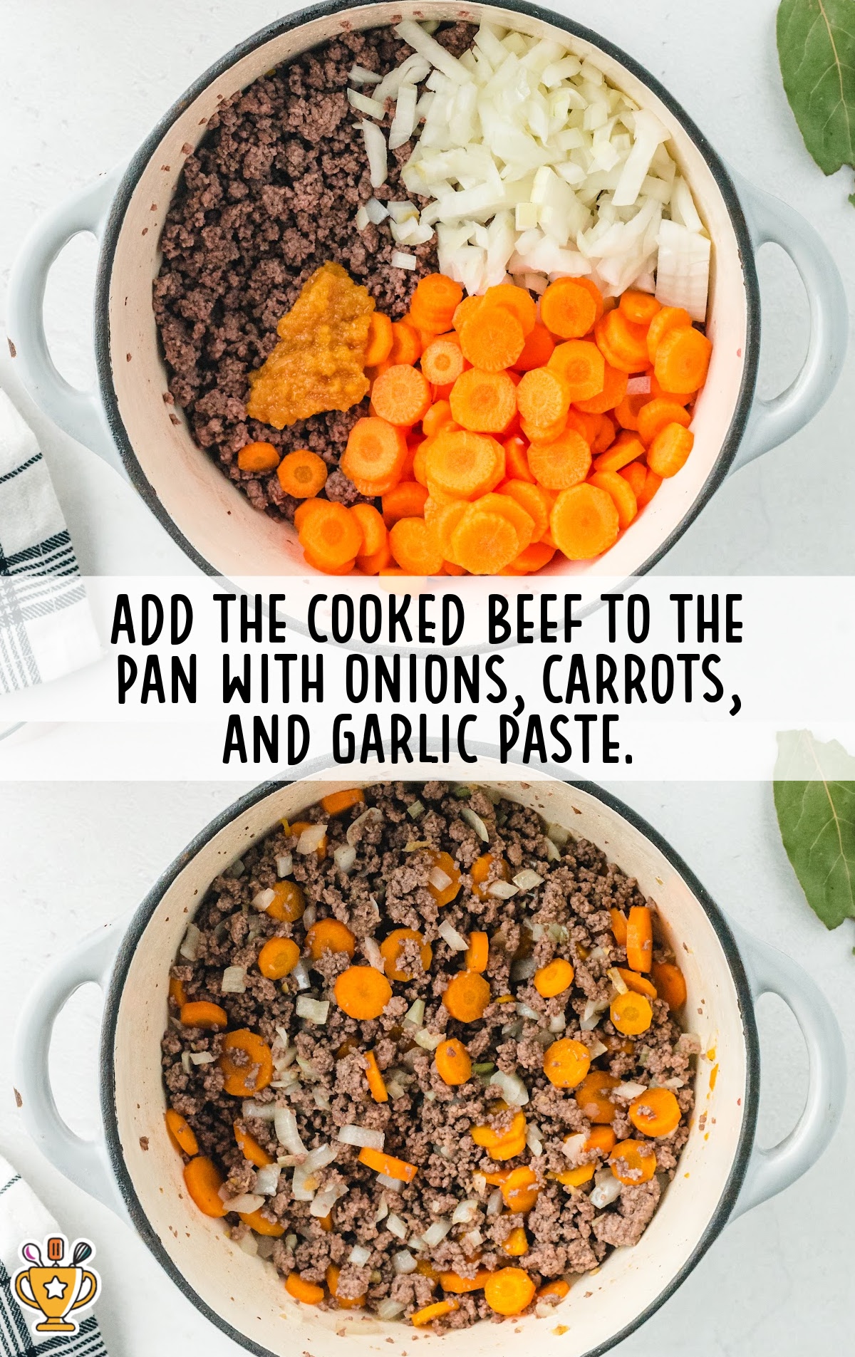 adding the cooked beef to the pan with