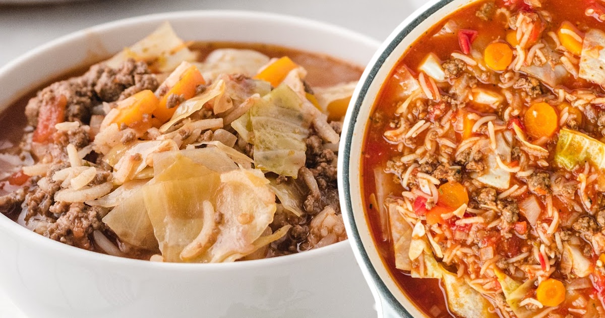 a white bowl full of Cabbage Roll Soup