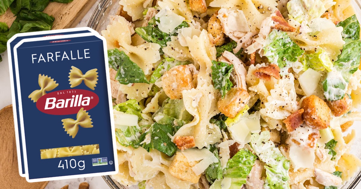 Side-by-side bowls showing assembled Caesar pasta salad and separated ingredients including lettuce, chicken, bacon, parmesan, and pasta.