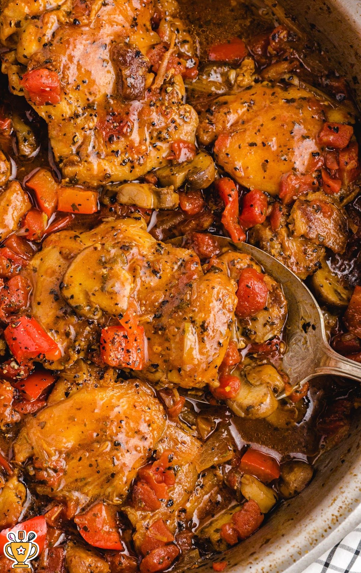 Chicken Cacciatore in a pan with a spoon in it