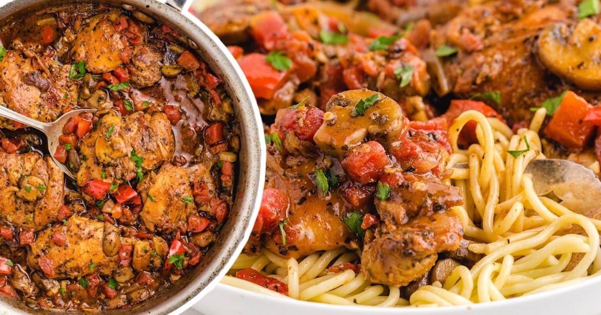 Chicken Cacciatore in a pan and in a bowl